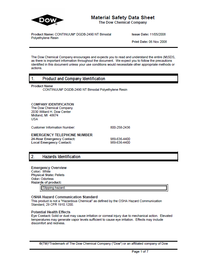 A material safety data sheet for CONTINUUM* DGDB-2490 NT Bimodal