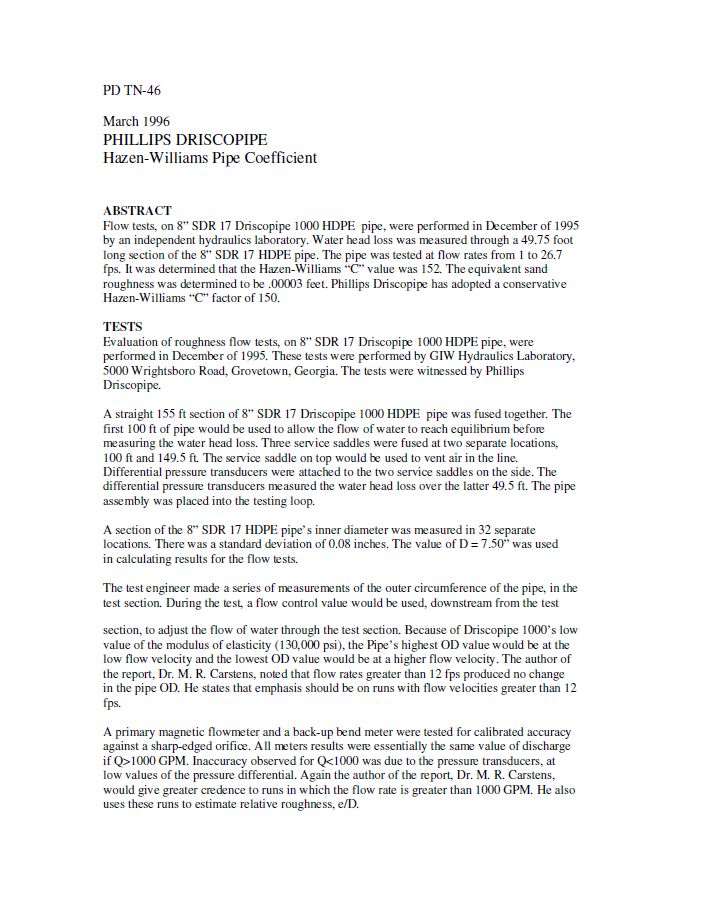 Information about a flow test done on HDPE piping