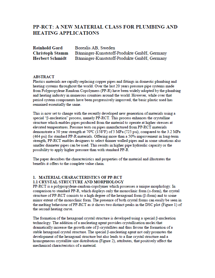 The first page of the PP-RCT: A New Material Class for Plumbing and Heating Applications