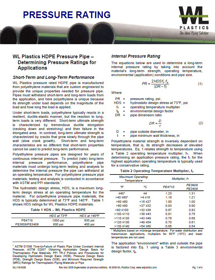 A technical data sheet listing the pressure rating of HDPE pressure pipes from WL plastics