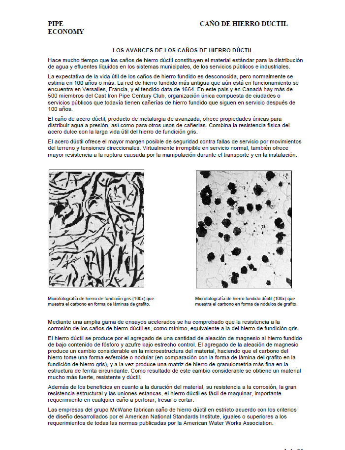 An informational sheet about ductile iron piping in Spanish